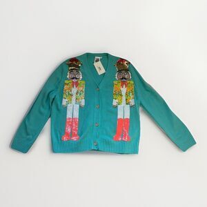 Queen of Sparkles Nutcracker Sequin Cardigan Sweater Teal Button Front – Medium